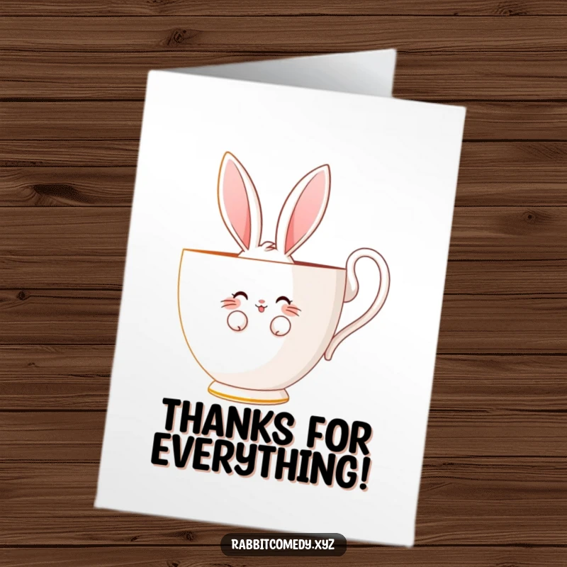 Funny Free Printable Thank You Card: A shy rabbit with a bashful smile peeks from behind a giant teacup.