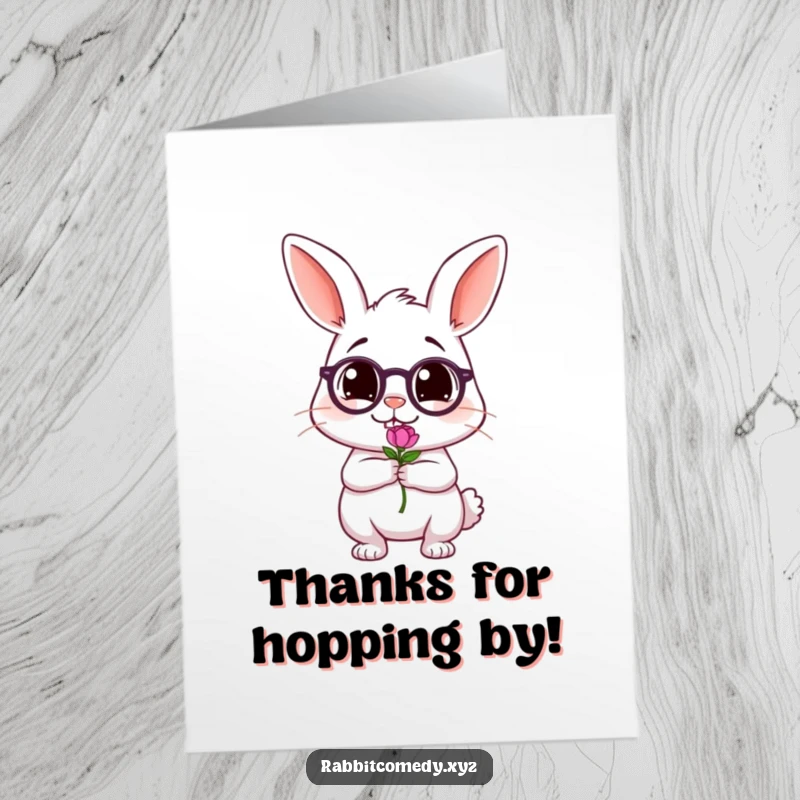 Funny Free Printable Thank You Card with a tipsy rabbit offering a flower with a wobbly, grateful smile.