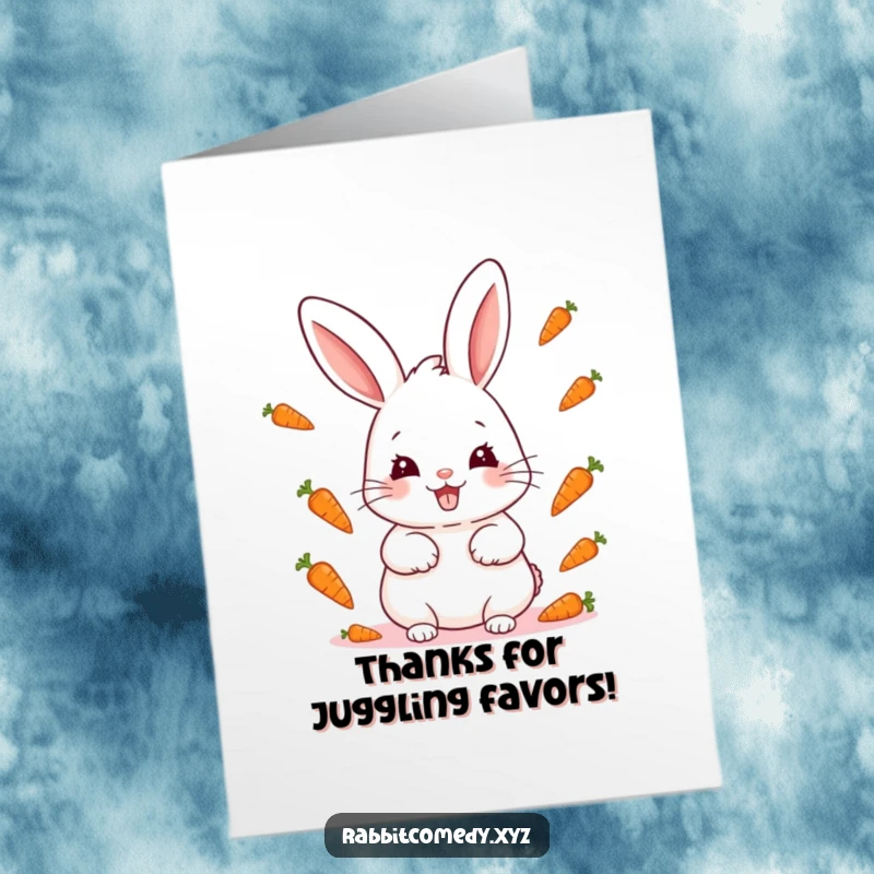 Funny Free Printable Thank You Card: A cheeky kawaii rabbit with a wicked grin juggles miniature carrots, sending thanks.