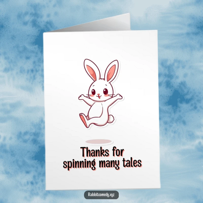 Funny Free Printable Thank You Card: A cartoon rabbit is captured mid-spin, balancing on one leg.