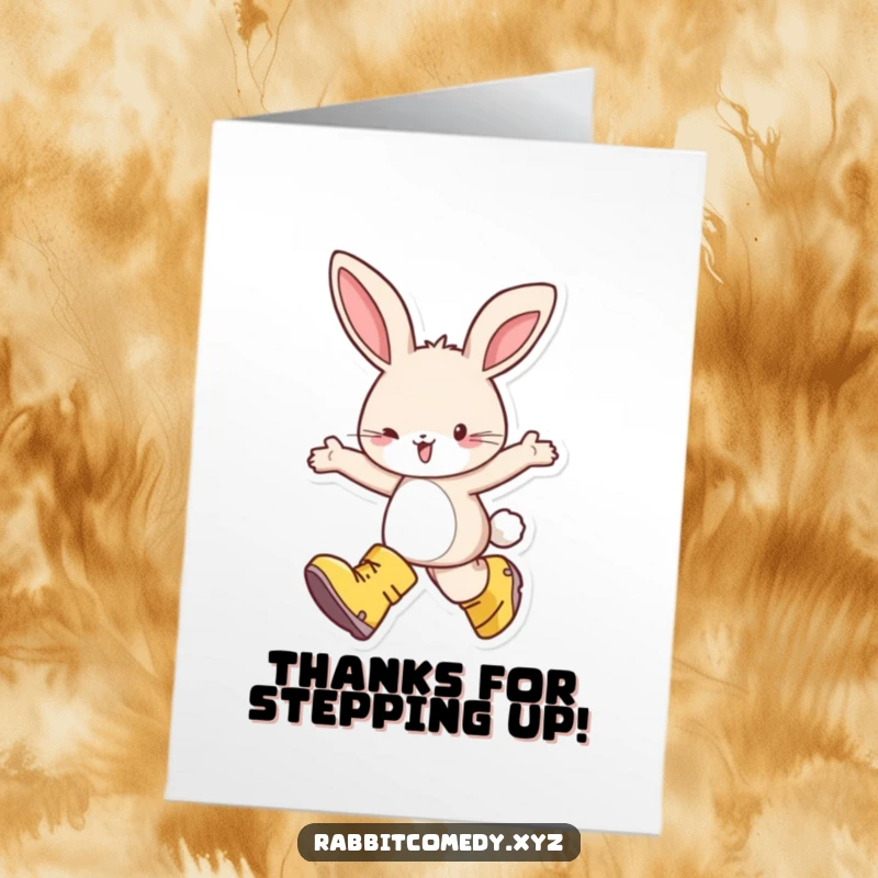 Funny Free Printable Thank You Card: Happy rabbit wearing comically large boots, skipping with delight to say thanks.