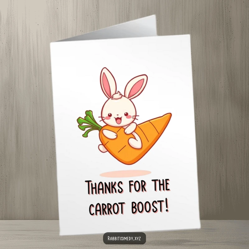Funny Free Printable Thank You Card: Adorable kawaii rabbit joyfully hopping on a colossal carrot, expressing thanks.