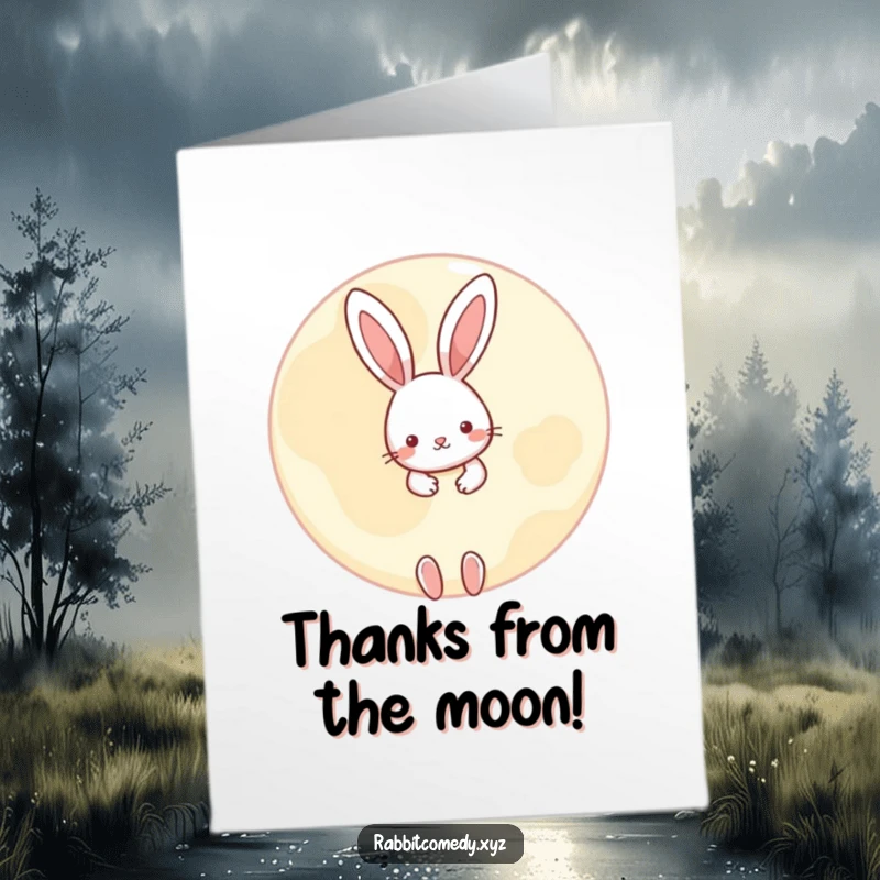 Funny Free Printable Thank You Card: A little rabbit peeking from behind a large, round moon, saying thanks.