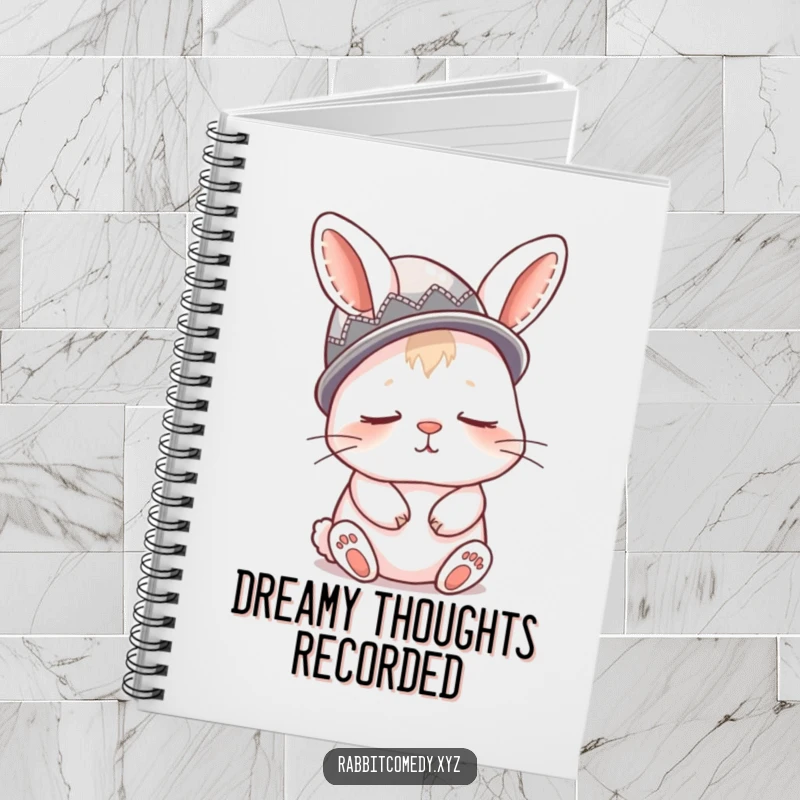 Funny notebook featuring a sleepy rabbit wearing a thimble as a hat, ideal for notes and cozy reflections.