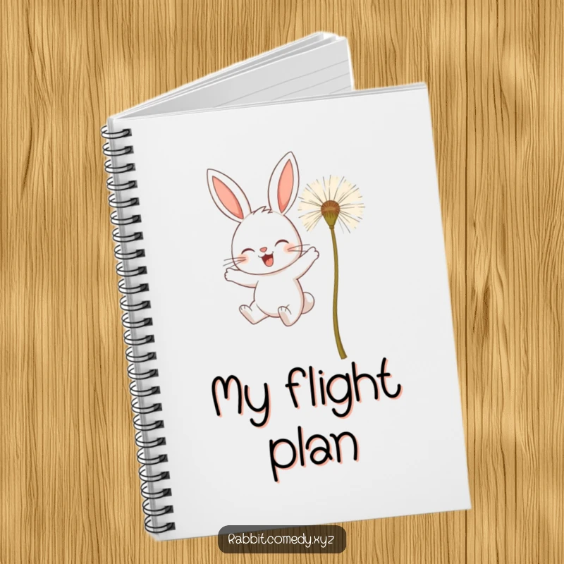 Funny notebook featuring a determined rabbit character attempting to fly using giant dandelion seeds, a symbol of creative ambition.