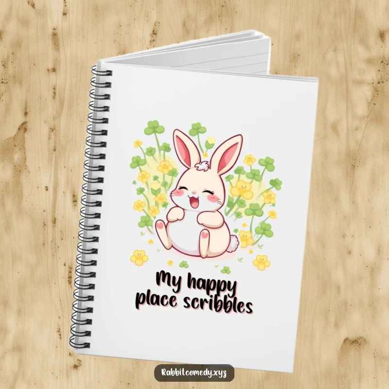 Funny giggling rabbit character, belly up, rolling in clover, humorous notebook for happy notes.