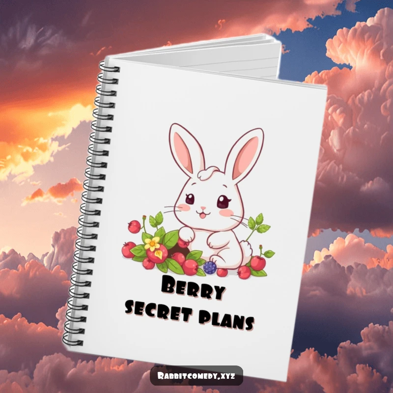 Funny kawaii rabbit with a surprised expression finding a secret berry patch, perfect for a cute and inspiring notebook.