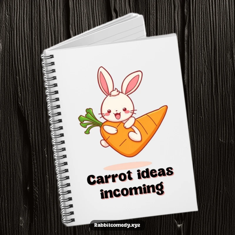 Funny kawaii rabbit character excitedly hopping on a giant carrot, perfect for a cute and inspiring notebook cover.