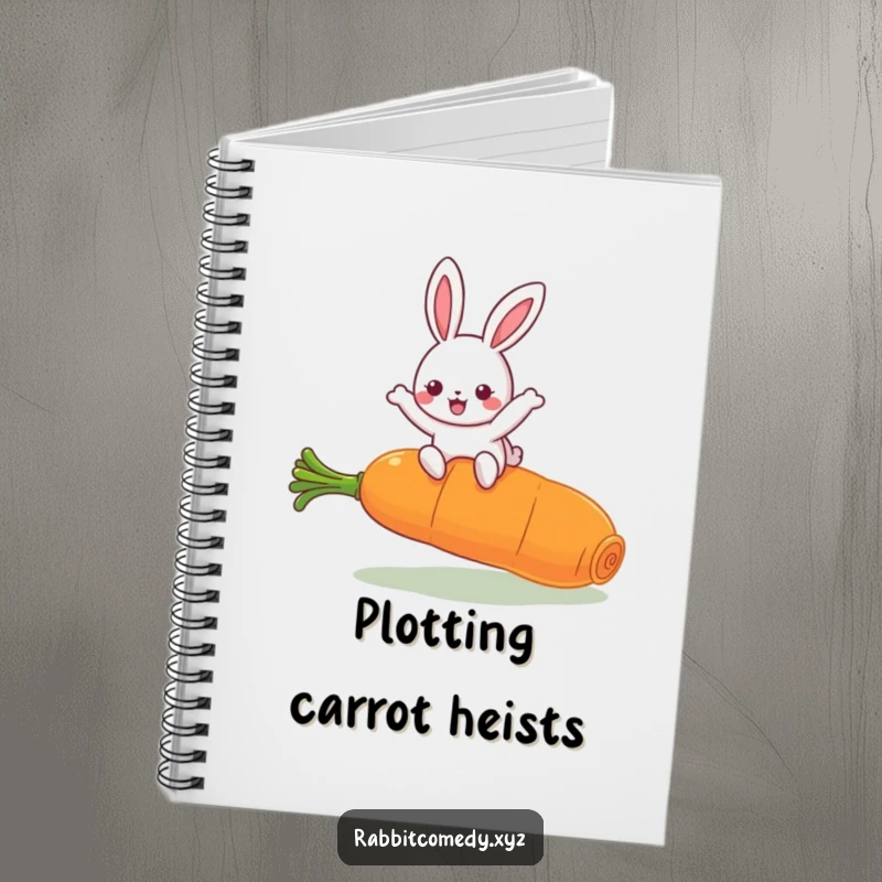 Funny Kawaii Rabbit Notebook: Cute rabbit character joyfully leaping over a giant carrot, perfect for jotting down funny ideas.