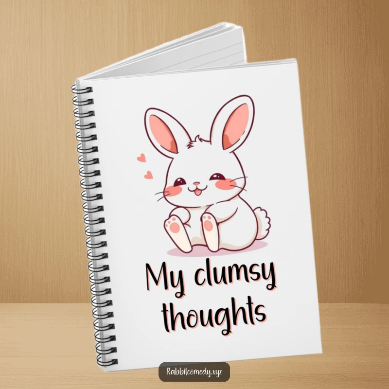 Funny Kawaii rabbit tripping comically with a blush on a notebook cover, encouraging humorous note-taking.