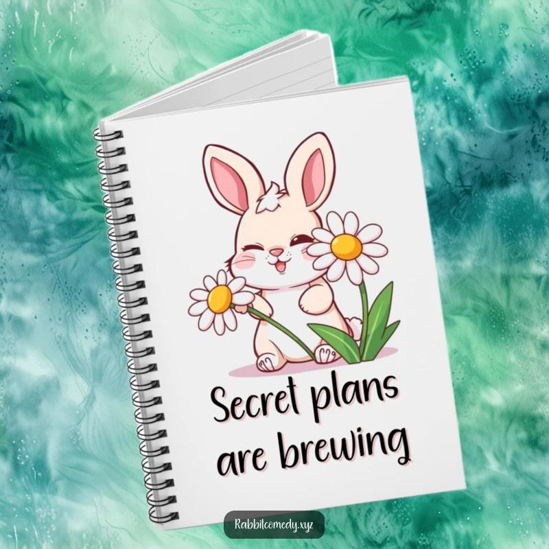 Funny notebook featuring a mischievous rabbit winking behind a laughing daisy, ideal for notes and playful secrets.