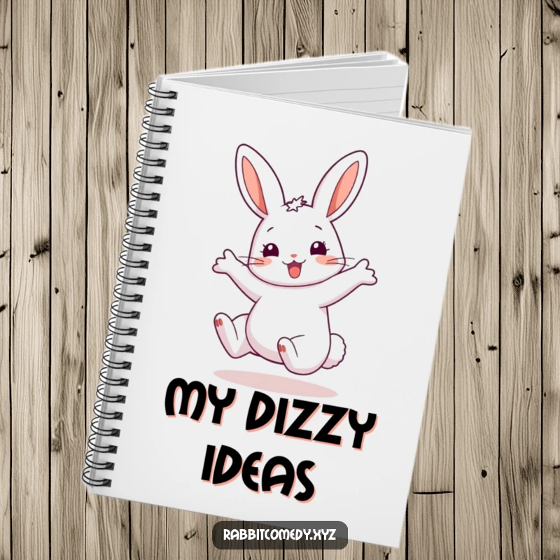 Funny Notebook with a happy rabbit doing a cartwheel, exaggerated ears indicating speed and excitement, perfect for capturing bright ideas.