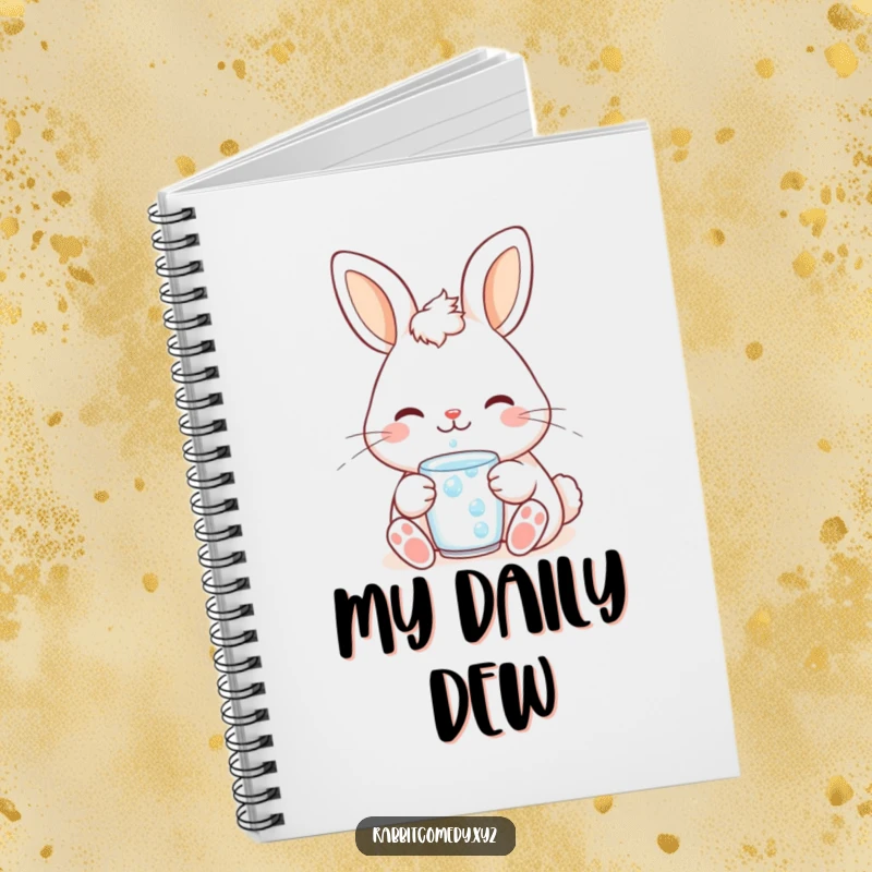 Funny cute kawaii rabbit notebook, showing a content bunny smiling while drinking a dewdrop, inspiring peaceful note-taking.