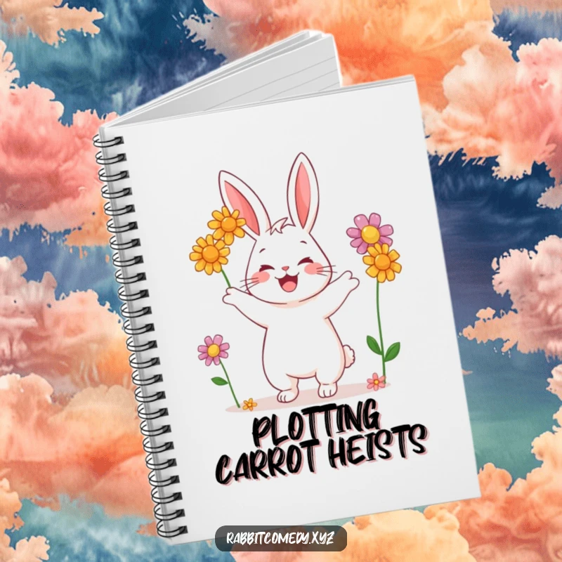 Funny notebook with a happy rabbit character joyfully juggling three colorful wildflowers on the cover, ready for notes.