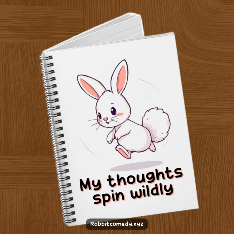 Funny notebook with a playful rabbit chasing its fluffy tail in a dizzying circle, perfect for capturing thoughts with a touch of whimsical energy.