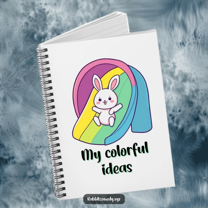 Funny Notebook: A kawaii rabbit gleefully slides down a rainbow, inspiring humorous entries and joyful thoughts.