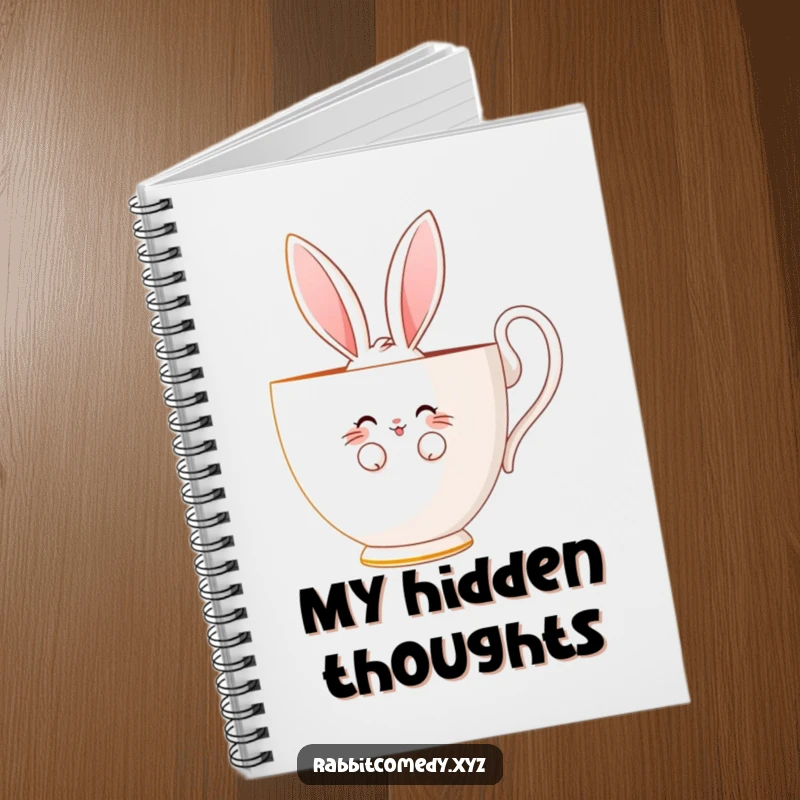 Funny notebook featuring a shy rabbit character peeking bashfully from behind a giant teacup, with a sweet, subtle smile.