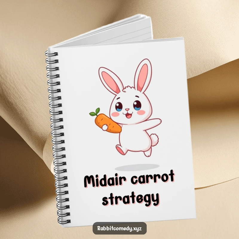 Funny surprised rabbit notebook, mid-air, eyes wide, carrot in pursuit, a comical design for journaling and creative thoughts.