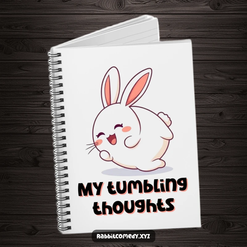 Funny round rabbit character joyfully tumbling end over end on a humorous notebook, ideal for writing.