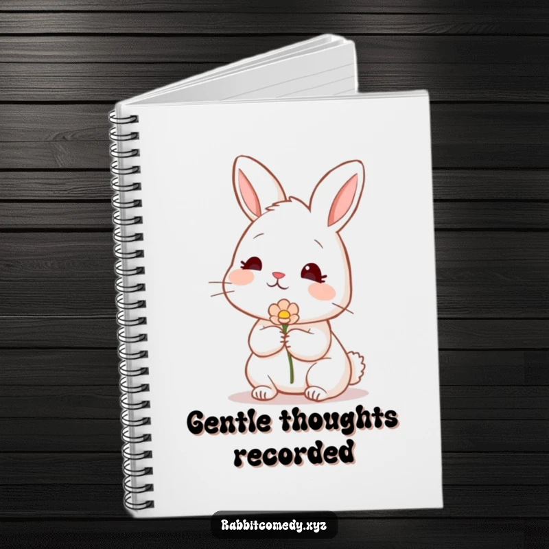 Funny shy rabbit notebook, blushing and offering a flower, perfect for jotting down sweet thoughts and gentle notes, a cute funny gift.