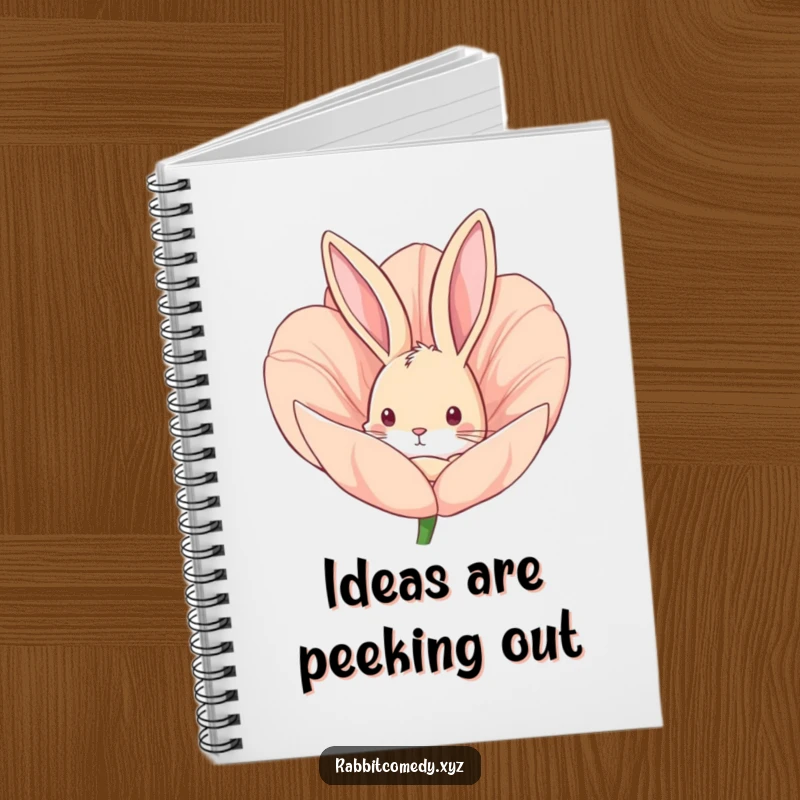 Funny notebook featuring a curious rabbit peeking from a flower bud, ideal for jotting down notes and doodles.