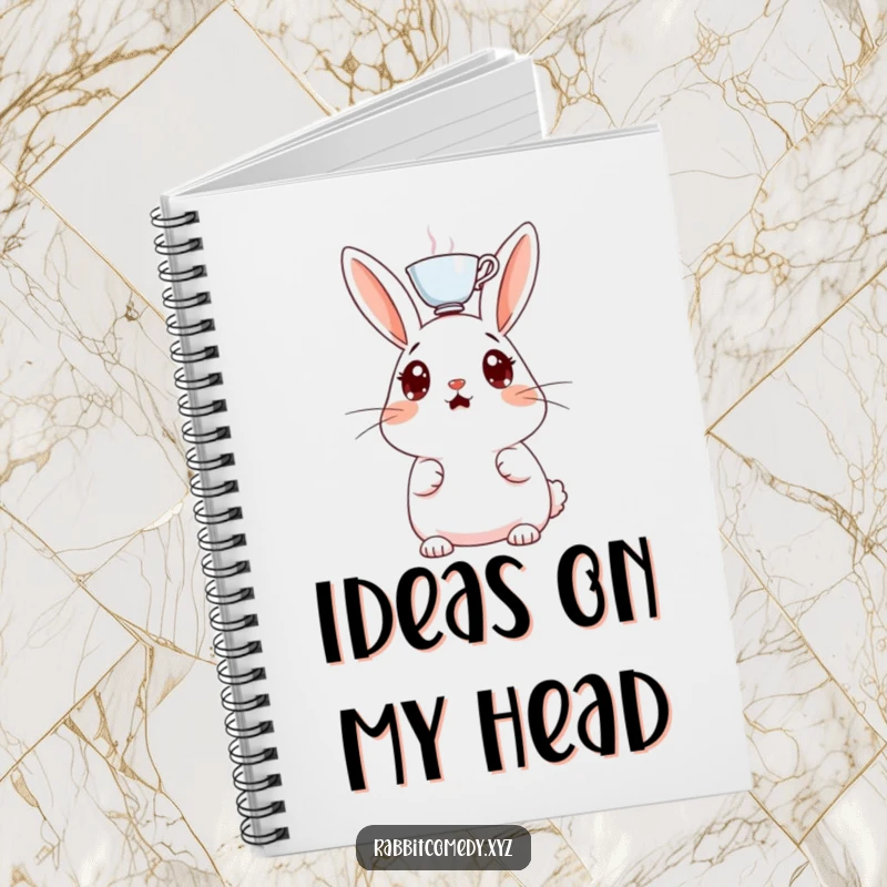 Funny notebook cover, a surprised rabbit with wide eyes, a tiny teacup balanced on its head, encouraging creative and humorous writing.