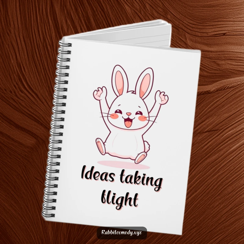 Funny Kawaii rabbit doing a silly hop with arms in the air, inspiring energetic thoughts in this humorous notebook.