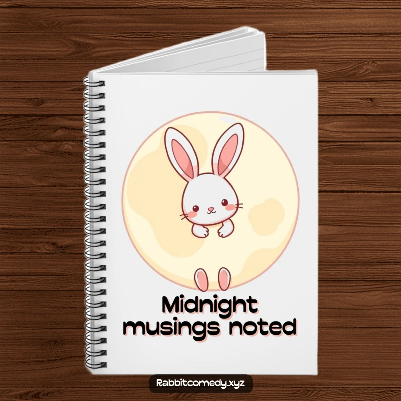 Funny little rabbit notebook, peeking playfully from behind a large, round moon, whimsical and charming for journaling.