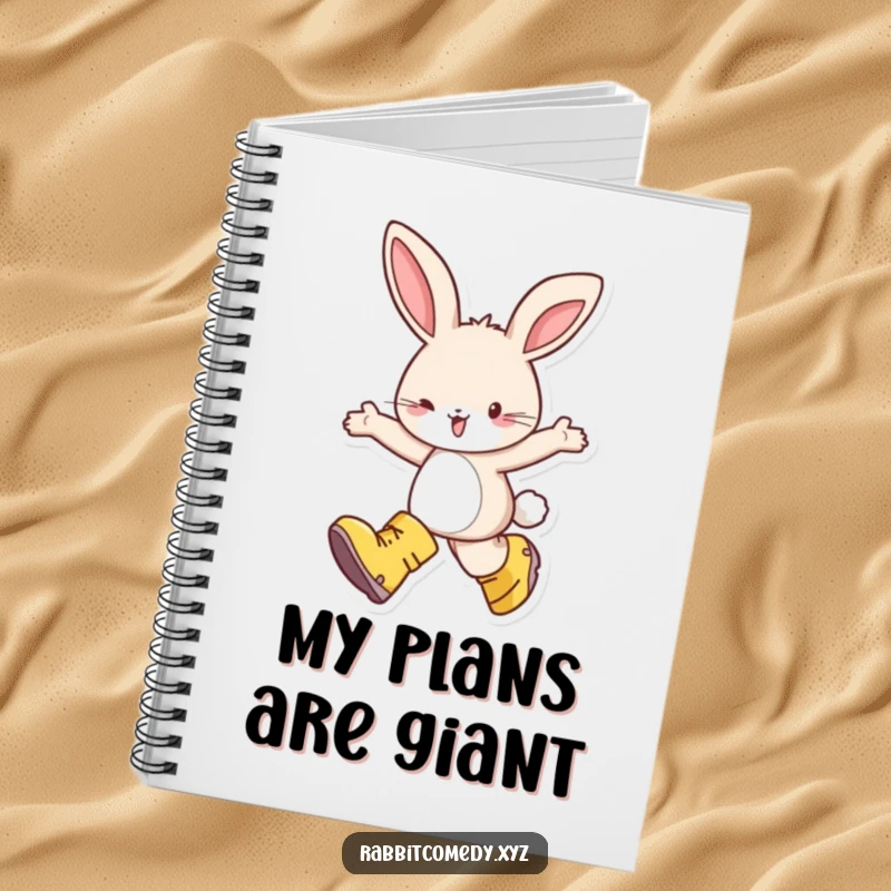 Funny notebook with a happy rabbit skipping with delight in oversized boots, perfect for capturing thoughts with a touch of whimsical inspiration.