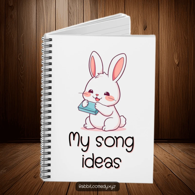 Funny Kawaii rabbit playing a tiny harmonica on the cover of a notebook, inspiring creative musical thoughts.