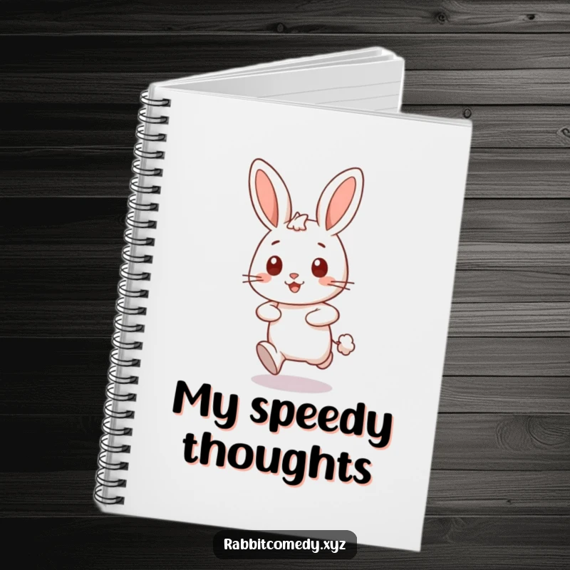 Funny happy rabbit character dashing forward, leaving a puff of dust on a humorous notebook, ideal for writing.