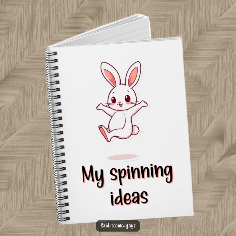 Funny cartoon rabbit character balancing on one leg, spinning quickly on a humorous notebook, ideal for writing.