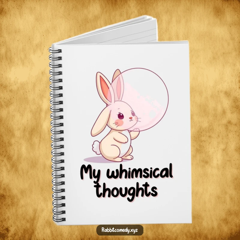 Funny notebook featuring a rabbit character with floppy ears leaping to catch a bubble, perfect for jotting down whimsical ideas.