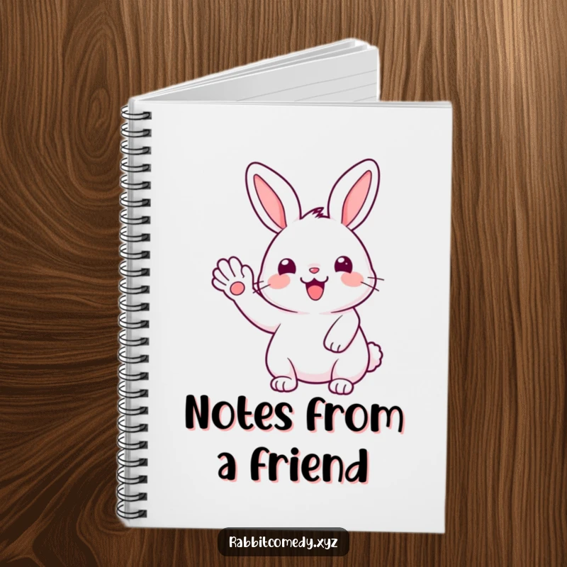 Funny Kawaii rabbit giving a joyful wave with its paw, inspiring happy thoughts in this humorous notebook.
