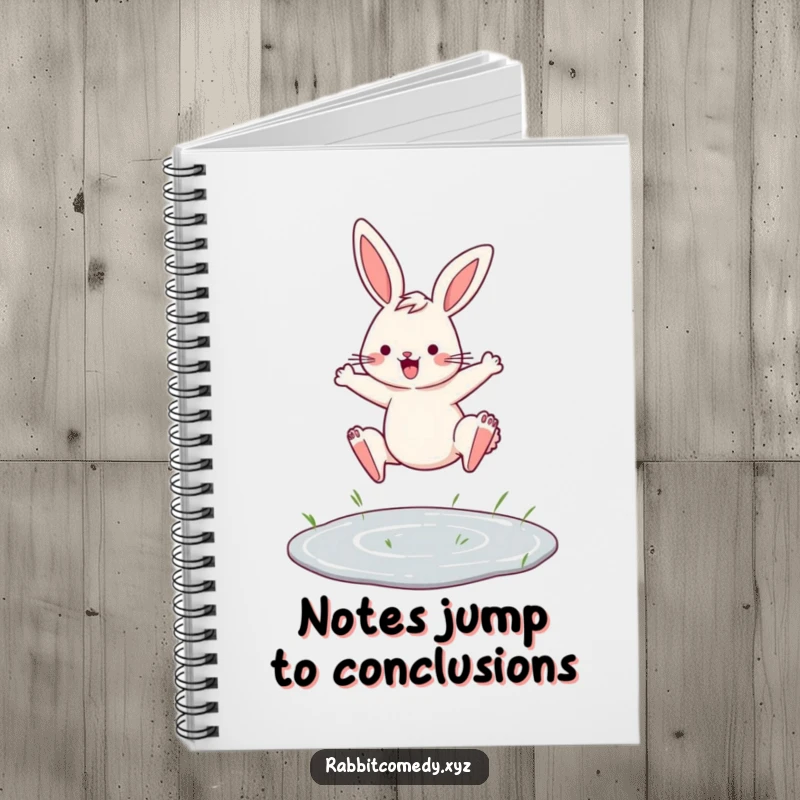 Funny notebook featuring a determined rabbit leaping over a tiny puddle, ideal for notes and goal-setting.