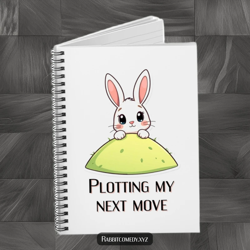 Funny notebook with a stylized rabbit peeking over a hill, eyes wide with anticipation, ideal for jotting notes and as a humorous gift.