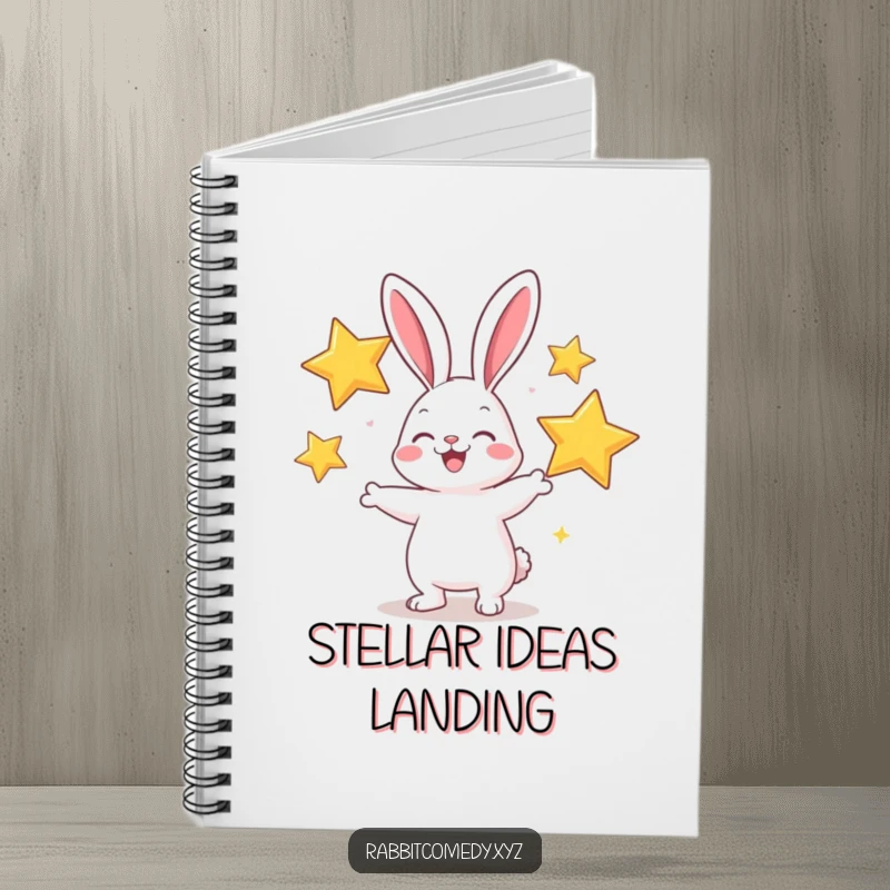 Funny notebook with a cheerful rabbit juggling sparkly stars, ideal for capturing bright ideas and dreams.