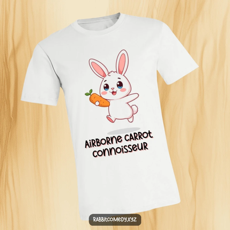 Funny surprised rabbit t-shirt, mid-air, eyes wide, reaching for a carrot, illustrating a comical chase and a splash of humor.