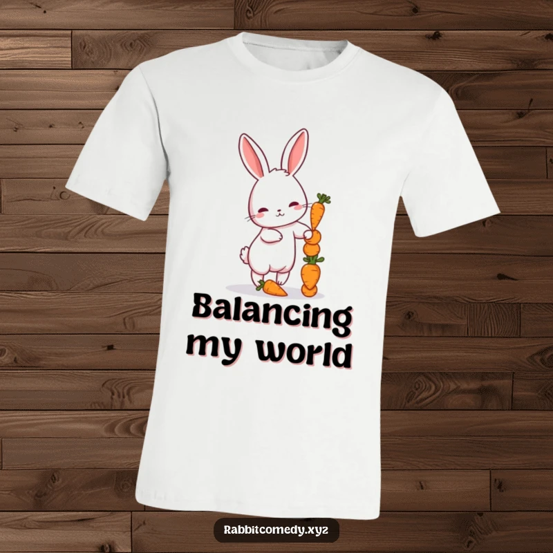 Funny t-shirt depicting a petite rabbit trying its best to balance a tall stack of miniature carrots.
