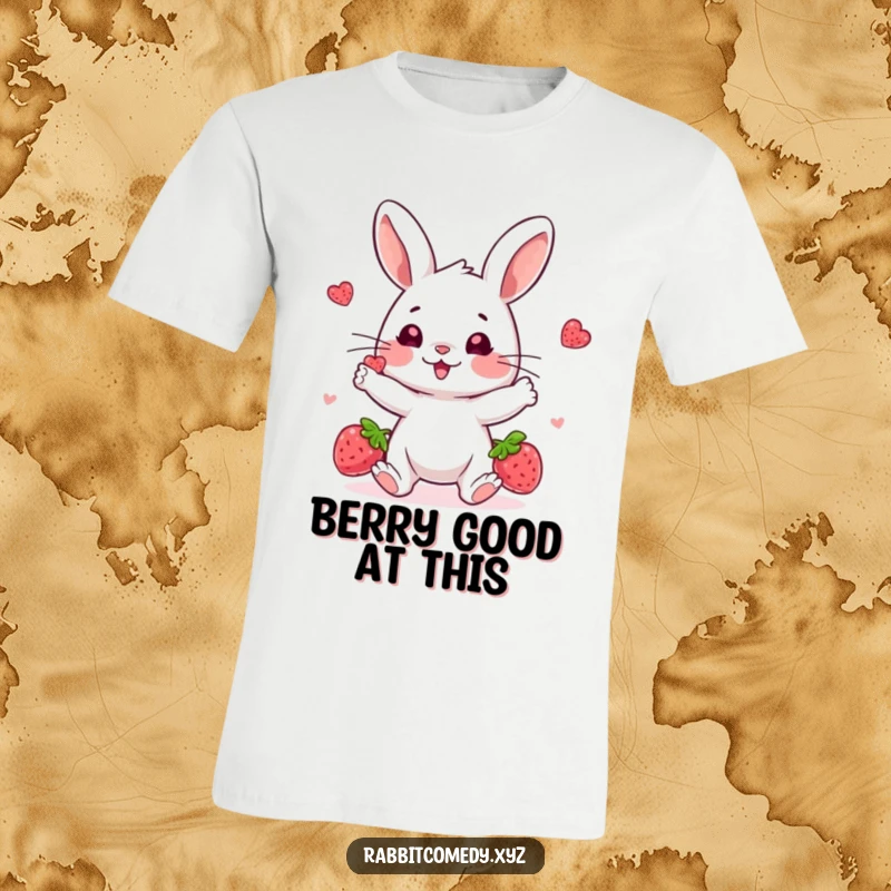 Funny rabbit t-shirt, a playful character enthusiastically juggling three colorful berries with intense focus and a happy expression.
