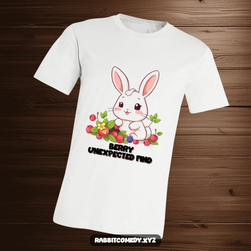 Funny kawaii rabbit looking utterly surprised and delighted upon finding a hidden patch overflowing with ripe berries, on a tee.