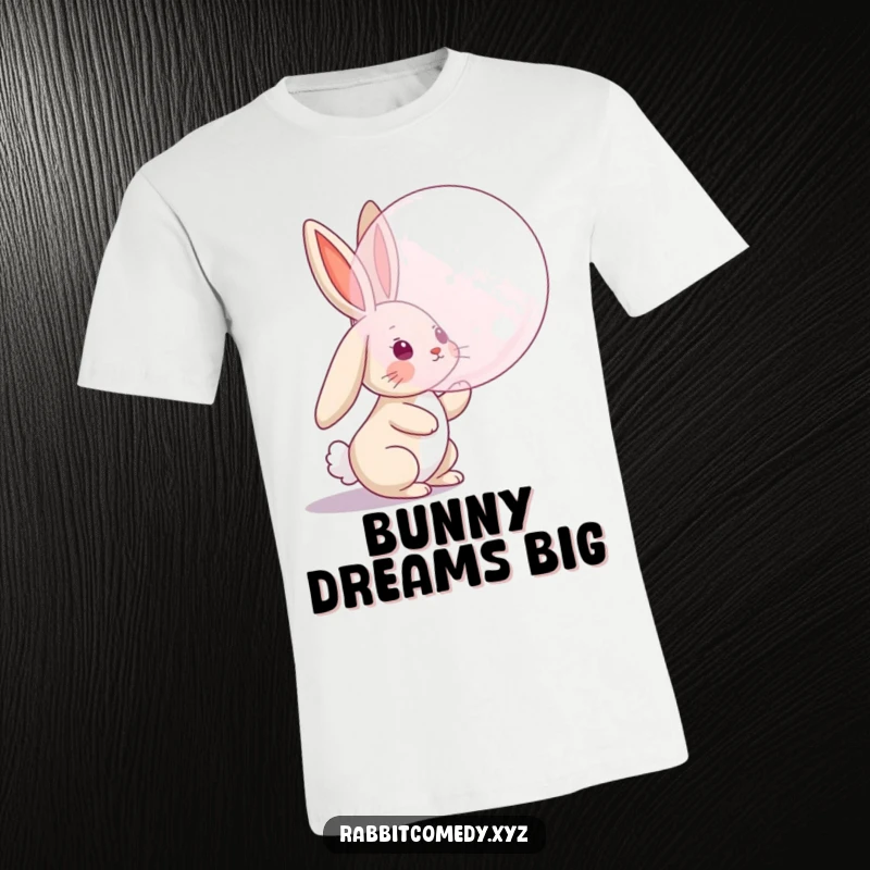Funny t-shirt showing a rabbit character with floppy ears excitedly jumping to catch a giant floating bubble, a humorous and active design.