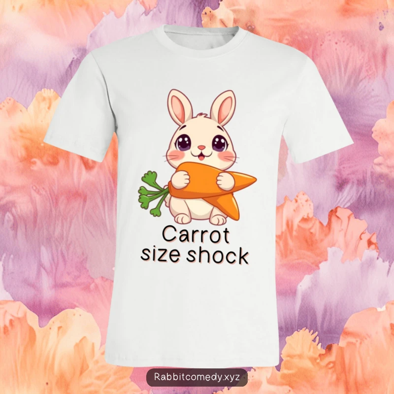 Funny T-Shirt: A rabbit with extremely wide eyes looks stunned while clutching a comically large carrot.
