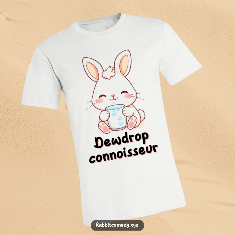Funny cute kawaii rabbit t-shirt, captured with a contented smile while enjoying a refreshing dewdrop drink, embodying peace.