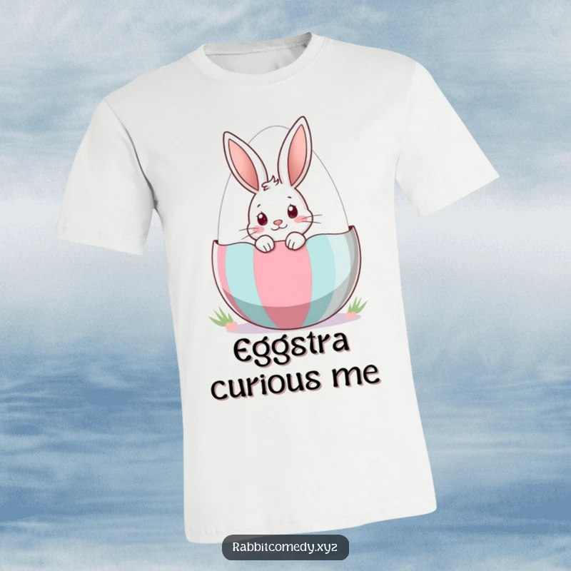 Funny T-Shirt with a cute rabbit peeking out of a large, decorated Easter egg, embodying curiosity and holiday cheer.