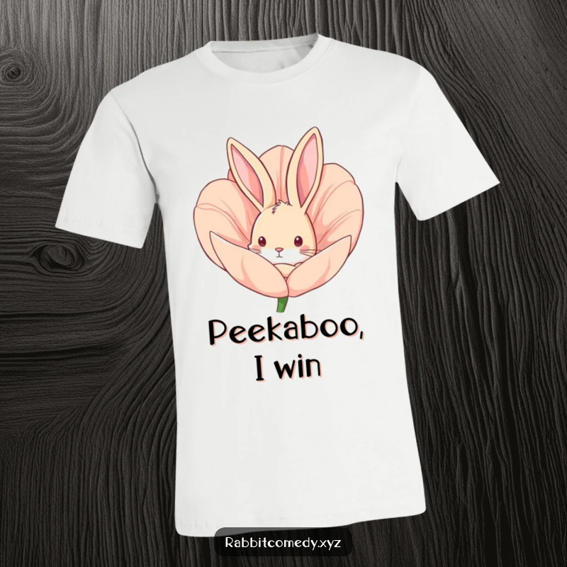 Funny t-shirt featuring a curious rabbit peeking from a giant flower bud, capturing a moment of playful exploration.