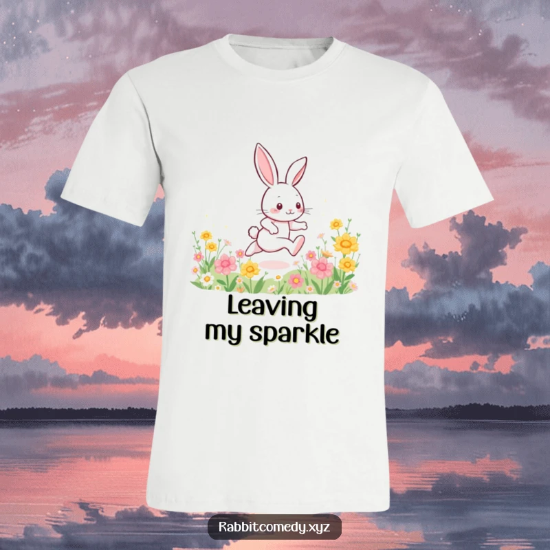 Funny rabbit t-shirt, an energetic character dashing through a field of colorful flowers, leaving a shimmering trail of sparkles.