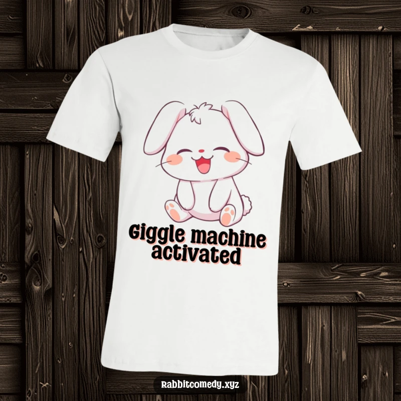 Funny t-shirt depicting a rabbit character with its ears flopped over, caught in a fit of uncontrollable giggles and laughter.