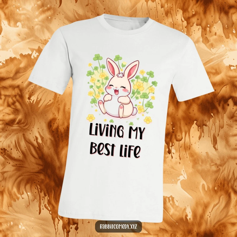 Funny giggling rabbit character, belly up, rolling in clover, joyful and humorous graphic tee.