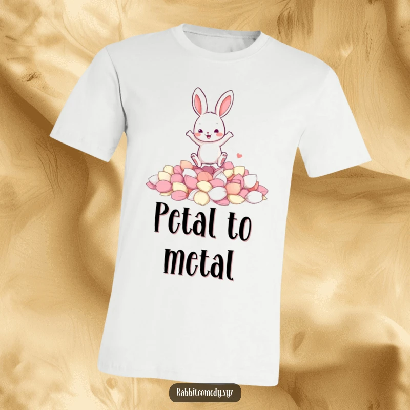 Funny t-shirt showing a jumping rabbit character landing amidst a soft, colorful pile of flower petals, full of delight.